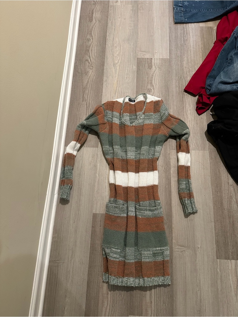 Striped Knit Long-Sleeve Sweater Dress in Olive, Rust & White